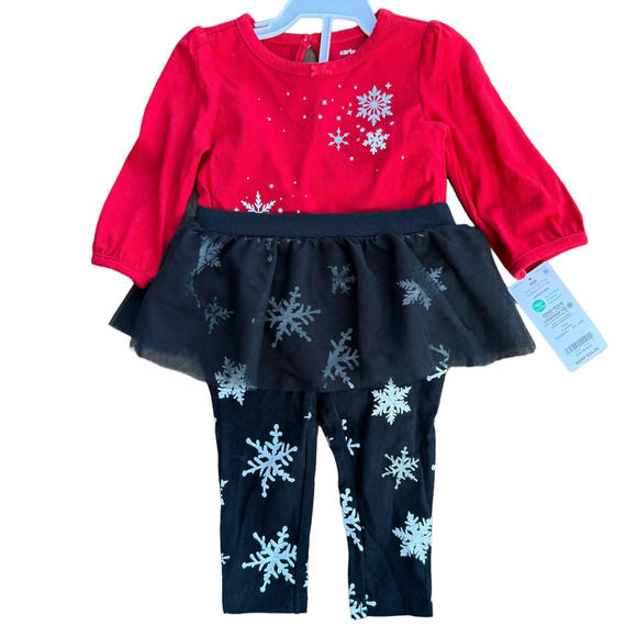 New Carter's Baby Girl Bodysuit and Pants Red Black Snowflakes 2 Piece Set 3M - Picture 2 of 3